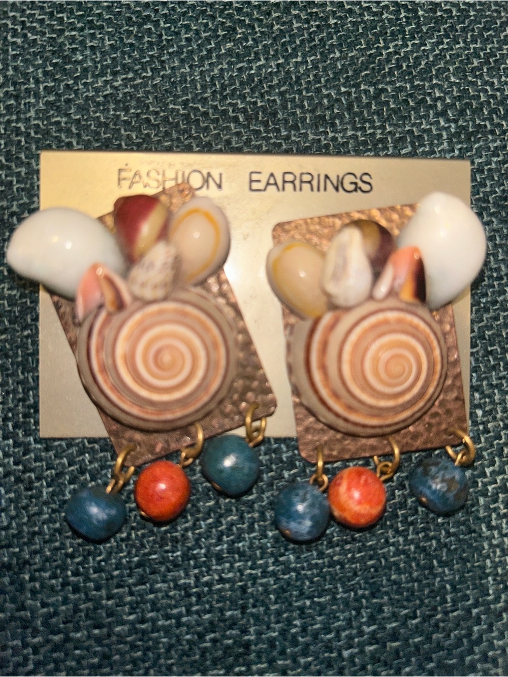 Vintage White, Blue and Orange Shell Drop Earrings